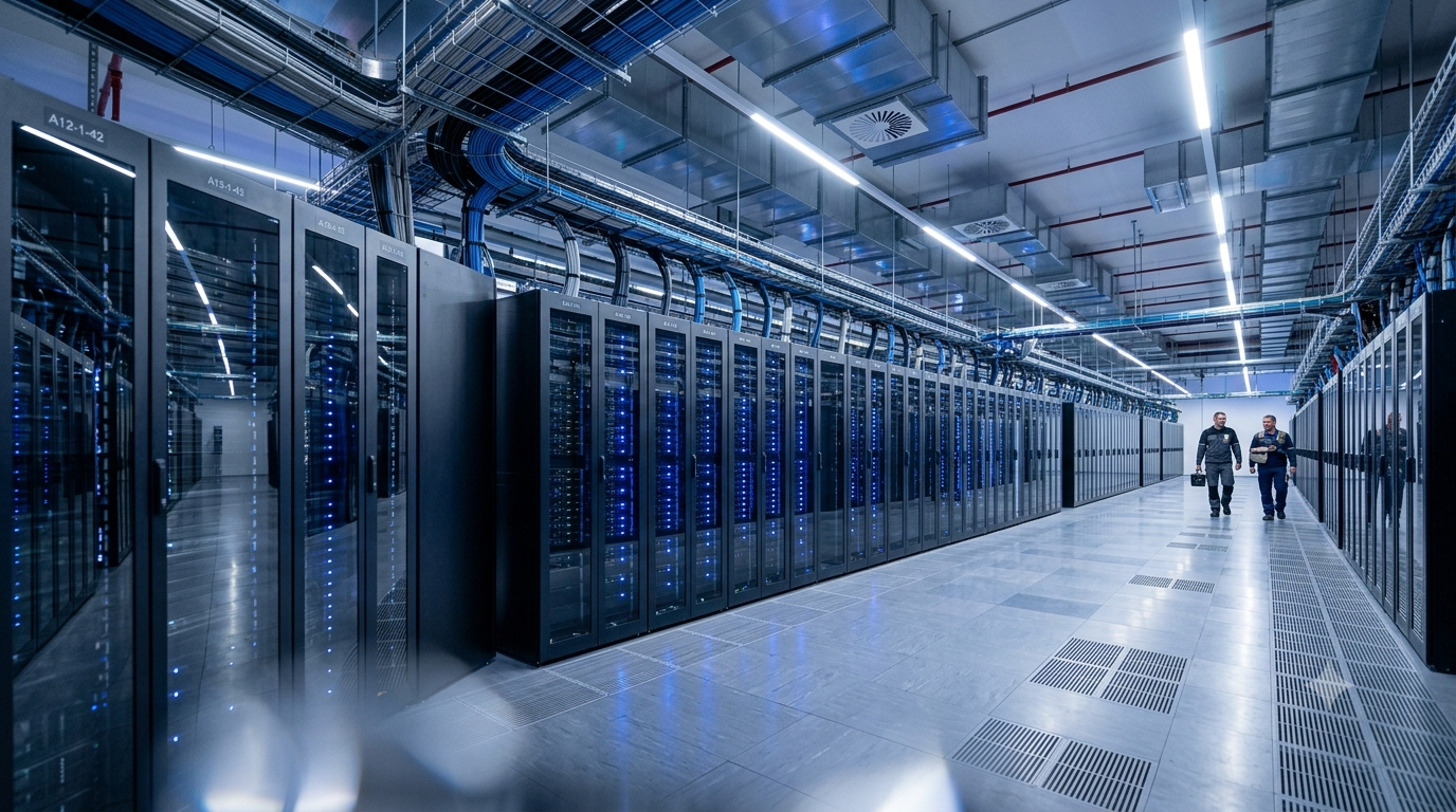 Data center engineers inspecting server racks in a modern facility, reflecting global demand for skilled data center talent.
