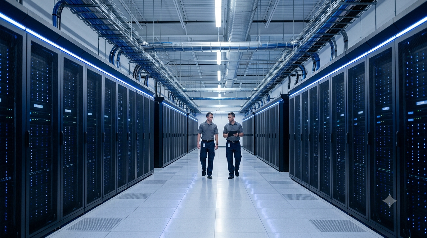 Data center engineers in the United States reviewing operations in a large-scale server facility.