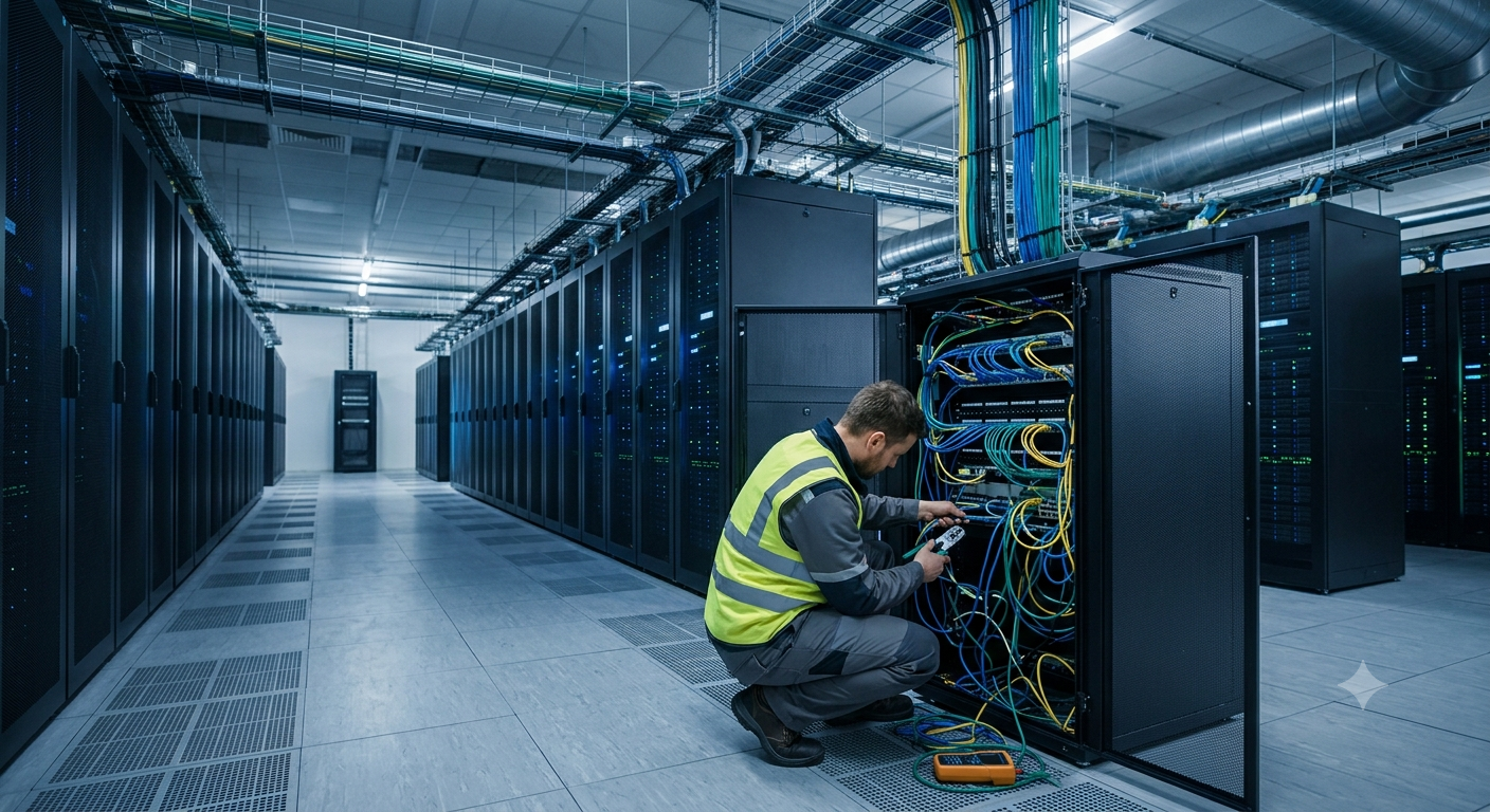 Data center technician configuring network cables, reflecting the Netherlands' role as a hub for digital infrastructure hiring.