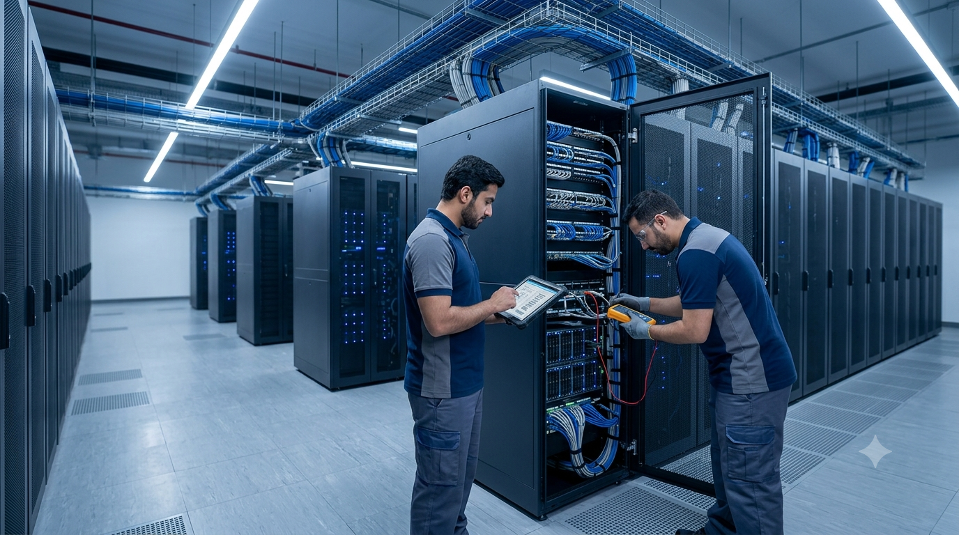 Data center technicians conducting infrastructure diagnostics, reflecting the UAE's growing focus on digital transformation.