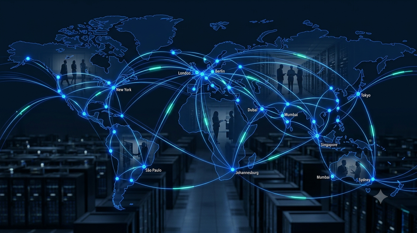 Alt text: World map showing glowing connection lines linking global data center hubs including New York, London, Berlin, Dubai, Mumbai, Singapore, Tokyo, Sydney, São Paulo, and Johannesburg, illustrating DC Fortè's international workforce network.