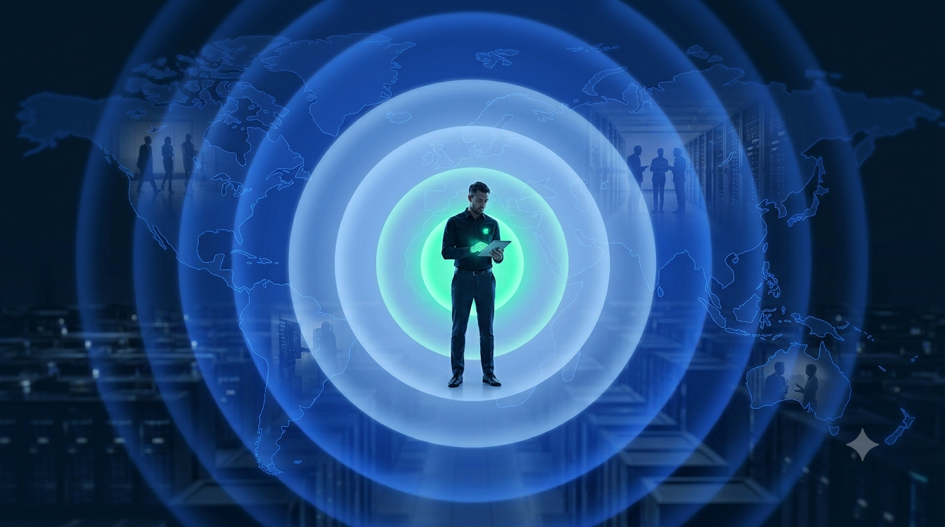 Engineer standing at the center of expanding blue concentric rings symbolizing global reach, with faint world map outlines and data center server rows in the background, representing skills that hold value across international markets.
